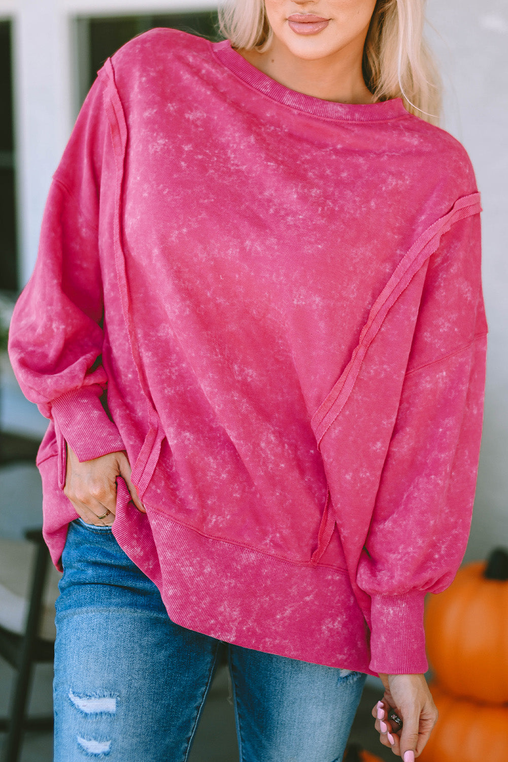 Gray Acid Wash Relaxed Fit Seamed Pullover Sweatshirt with Slits