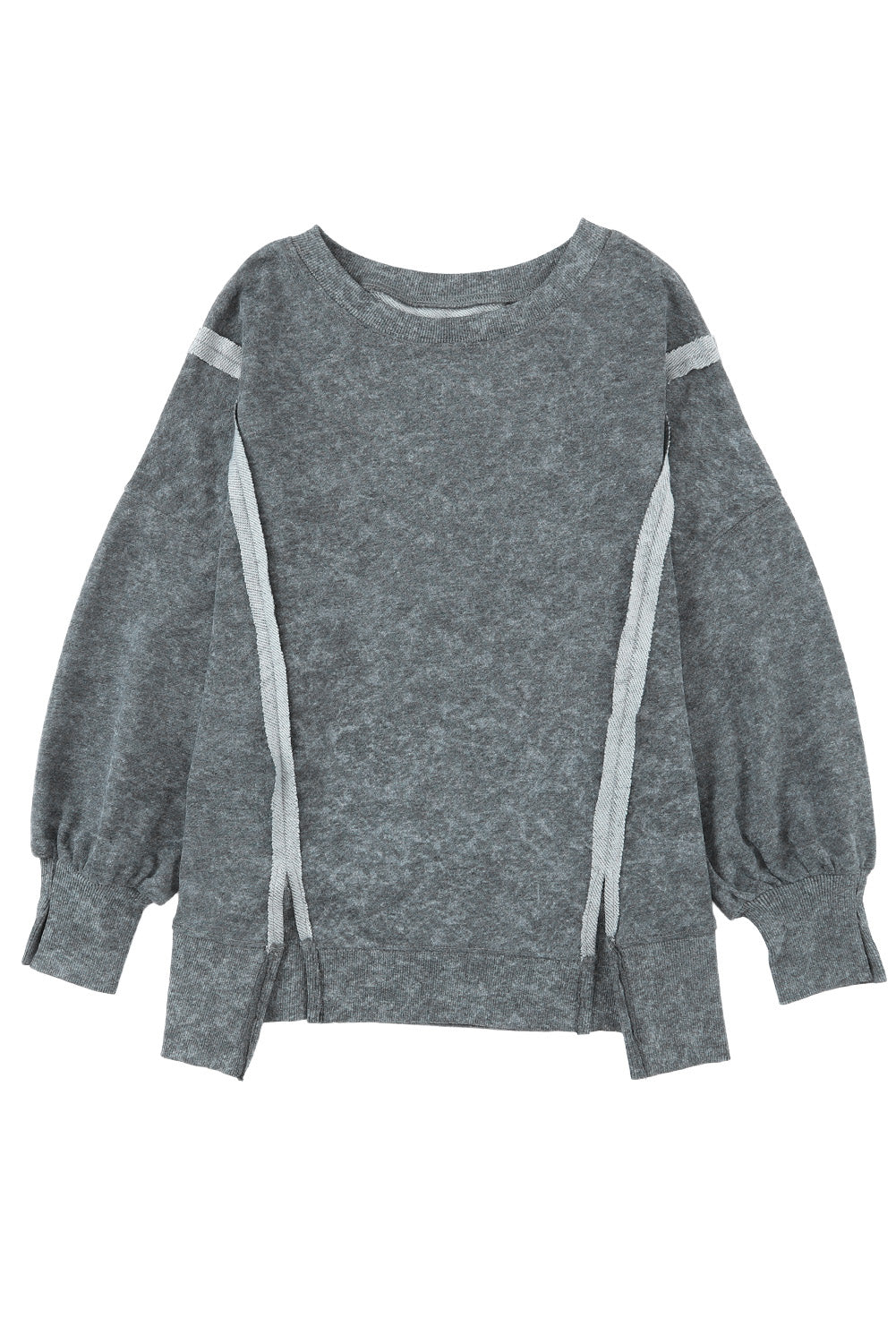 Gray Acid Wash Relaxed Fit Seamed Pullover Sweatshirt with Slits