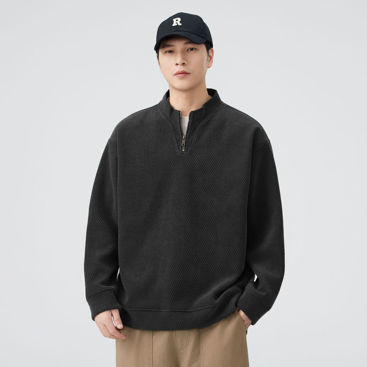 Men's Heavyweight Half Zip Sweatshirt Jacket Casual Stand Collar Solid Color Oversized Pullover