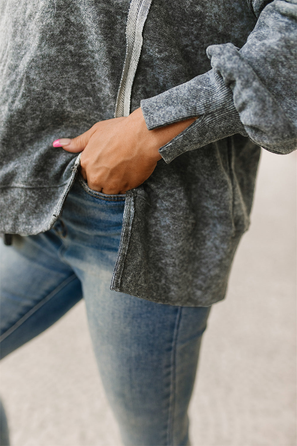Gray Acid Wash Relaxed Fit Seamed Pullover Sweatshirt with Slits